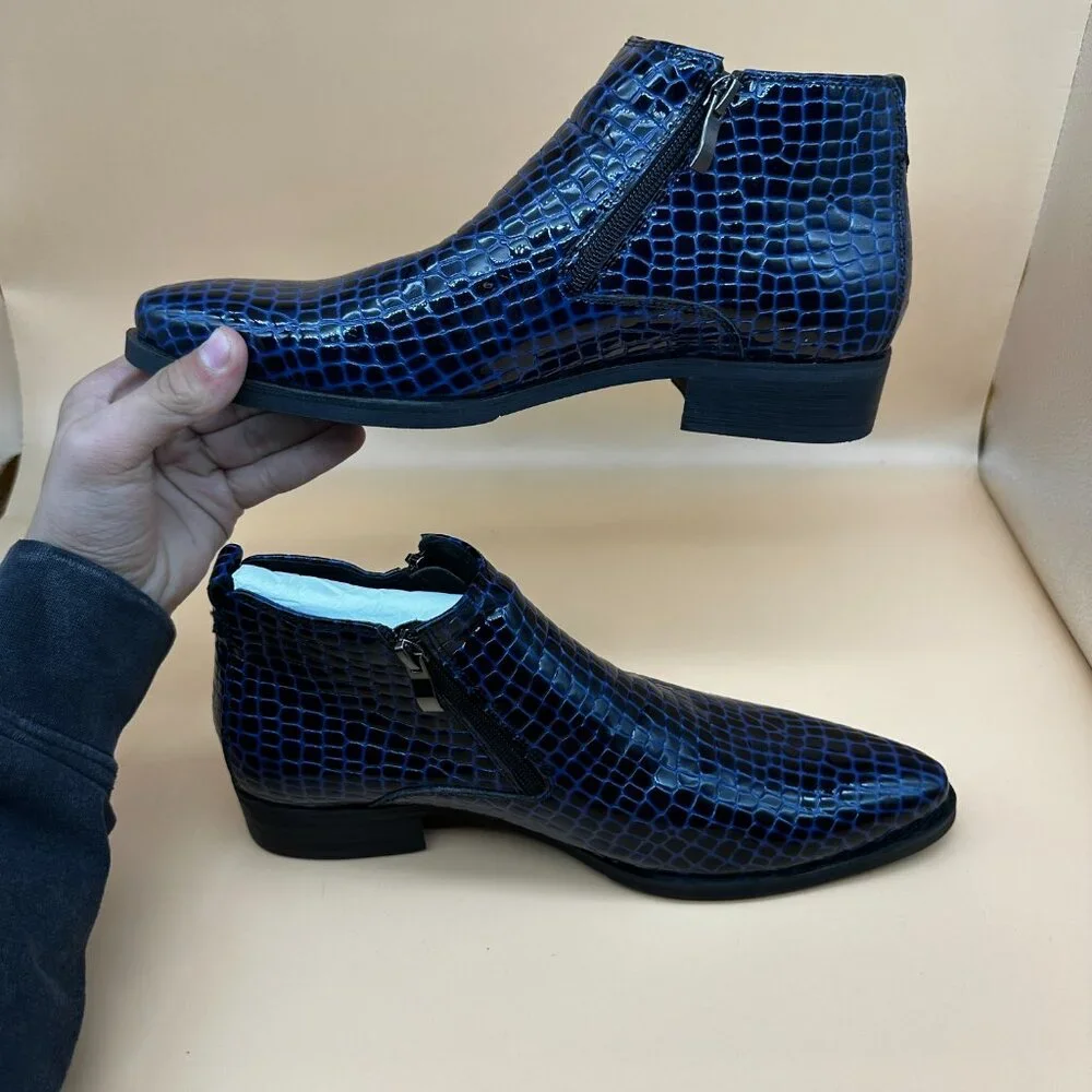 Santimon Men's US 7.5 Blue‎ Alligator Patent Leather Zipper Ankle Boots